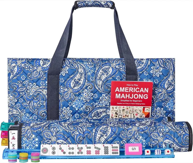 GUSTARIA American Mahjong Set with 166 white tiles and blue printed carrying bag