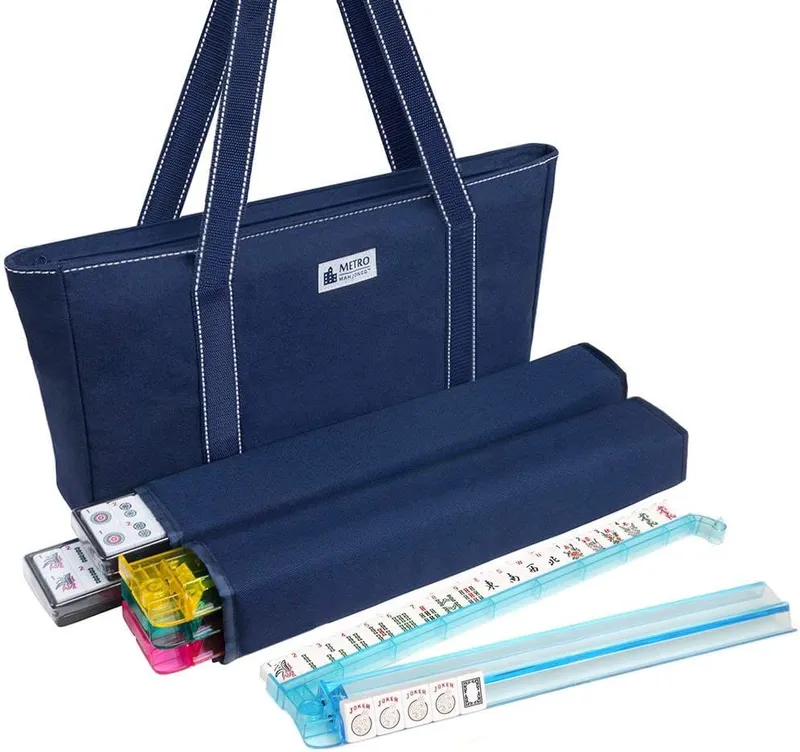 Metro Mah Jongg American Mahjong Set with 166 white engraved tiles and blue canvas bag